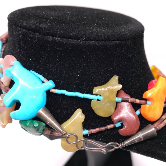 Sterling Native Zuni Hand Carved Stone Heishi Fetish Bear Double Strand Necklace - Picture 8 of 15
